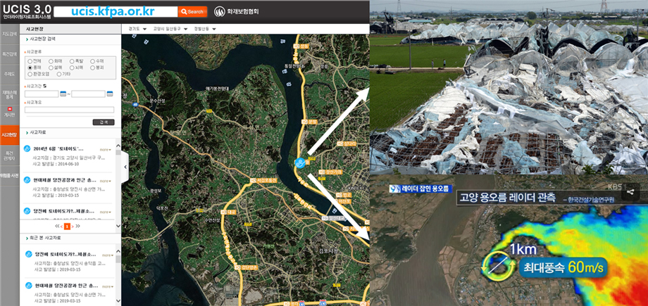 풍수재사고 기록 플랫폼(UCIS3.0)과 일산 토네이도 레이더 탐지 영상과 피해 영상