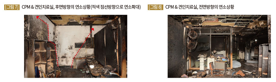 CPM & 견인치료실, 후면방향의 연소상황(적색 점선방향으로 연소확대), CPM & 견인치료실, 전면방향의 연소상황
