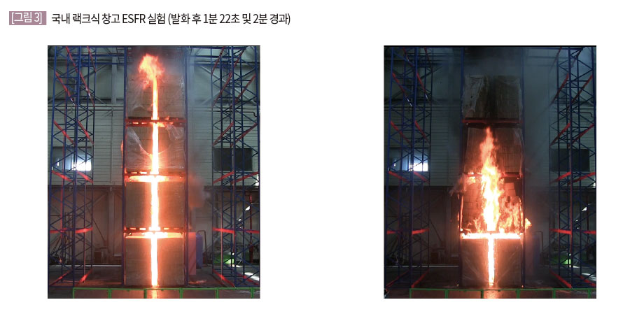 국내 랙크식 창고 ESFR 실험 (발화 후 1분 22초 및 2분 경과)