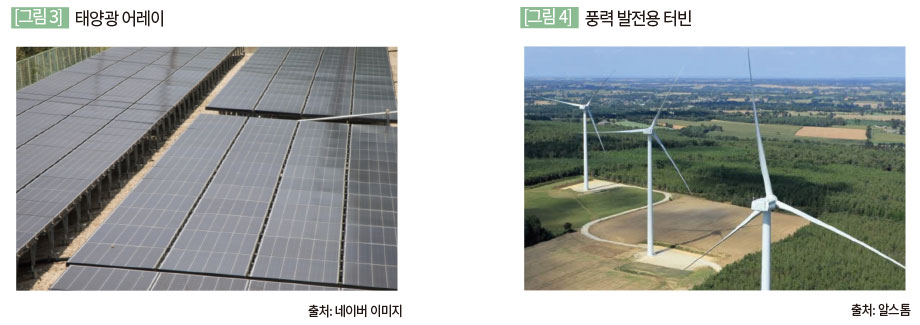 태양광 어레이(출처: 네이버 이미지) / 풍력 발전용 터빈(출처: 알스톰)