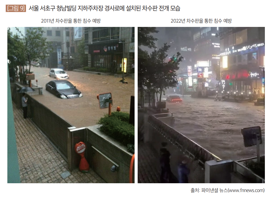 서울 서초구 청남빌딩 지하주차장 경사로에 설치된 차수판 전개 모습