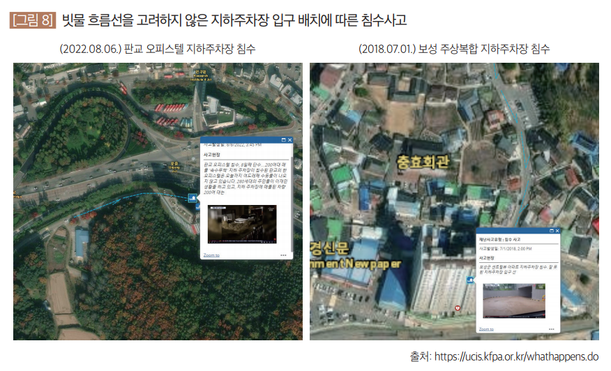 빗물 흐름선을 고려하지 않은 지하주차장 입구 배치에 따른 침수사고