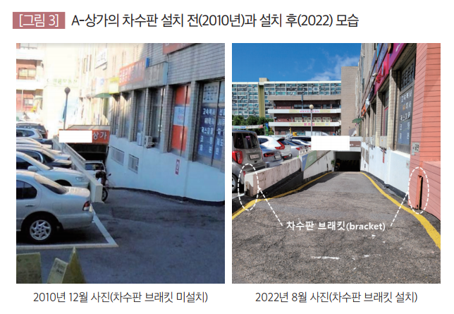 A-상가의 차수판 설치 전(2010년)과 설치 후(2022) 모습